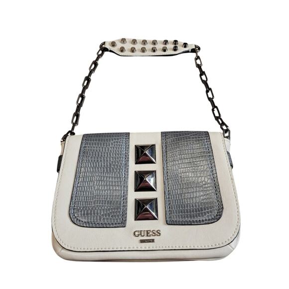 GUESS Leather Gray Cream Studded Handbag Purse Y2K Gunmetal Chain Handle - Picture 1 of 11